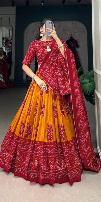 LNB 1229 Mustard Color Tasar Silk Bandhej Print Lehenga Choli Wedding, Party, Festive, Events Etc. Delivery 4-6 Working Days Rs 2249 | Lehenga, Bollywood Lehenga, Creative Lehenga, Designer Lehenga, Embroidered Lehenga, Party Wear Lehenga