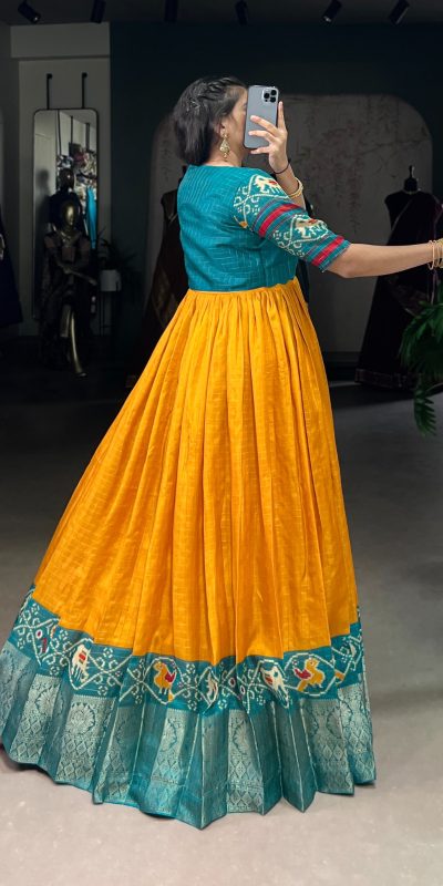 YNF 5028 Mustard Color Tasar Chex Patola With Weaving Work Border Gown Casual, Wedding, Festive, Events . Expected Delivery 4-6 Working Days @1799/- only | Gowns, Bollywood Gowns, Creative Gowns, Designer Gowns, Embroidered Gowns, Party Wear Gowns