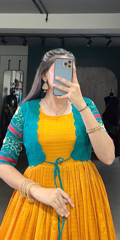 YNF 5028 Mustard Color Tasar Chex Patola With Weaving Work Border Gown Casual, Wedding, Festive, Events . Expected Delivery 4-6 Working Days @1799/- only | Gowns, Bollywood Gowns, Creative Gowns, Designer Gowns, Embroidered Gowns, Party Wear Gowns