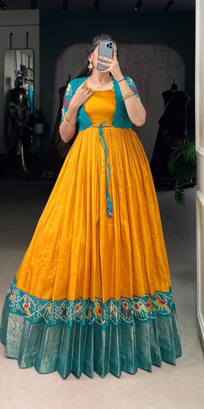 YNF 5028 Mustard Color Tasar Chex Patola With Weaving Work Border Gown Casual, Wedding, Festive, Events . Expected Delivery 4-6 Working Days @1799/- only | Gowns, Bollywood Gowns, Creative Gowns, Designer Gowns, Embroidered Gowns, Party Wear Gowns