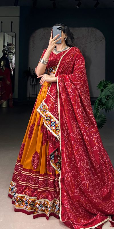 LNB 1736 Mustard Color Tasar Silk Bandhej Print And Gamthi Work Lehenga Choli Wedding, Party, Festive, Events Etc. Delivery 4-6 Working Days Rs 3499 | Lehenga, Bollywood Lehenga, Creative Lehenga, Designer Lehenga, Embroidered Lehenga, Party Wear Lehenga