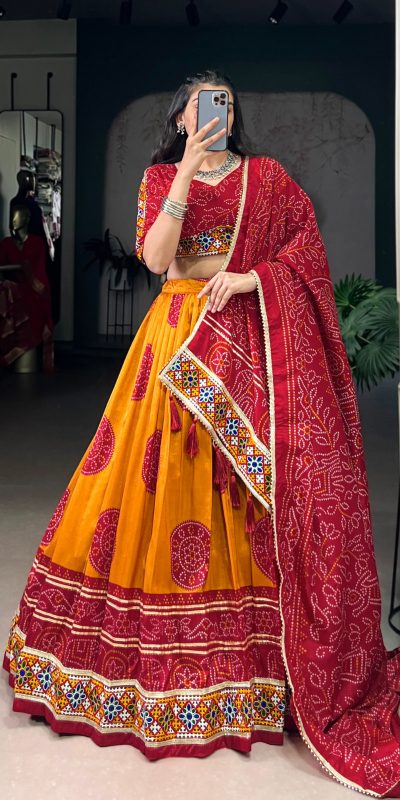 LNB 1736 Mustard Color Tasar Silk Bandhej Print And Gamthi Work Lehenga Choli Wedding, Party, Festive, Events Etc. Delivery 4-6 Working Days Rs 3499 | Lehenga, Bollywood Lehenga, Creative Lehenga, Designer Lehenga, Embroidered Lehenga, Party Wear Lehenga