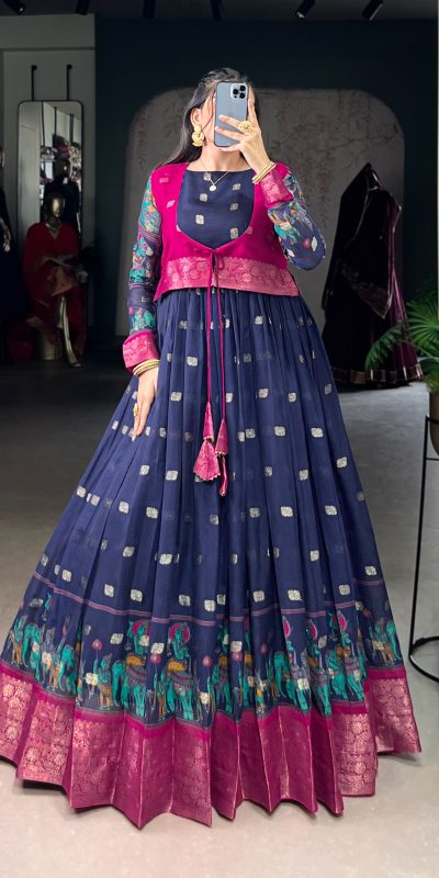 YNF 5031 Navy Blue Color Cotton Kalamkari Print Zari Weaving Work Gown Casual, Wedding, Festive, Events . Expected Delivery 4-6 Working Days @1999/- only | Gowns, Bollywood Gowns, Creative Gowns, Designer Gowns, Embroidered Gowns, Party Wear Gowns
