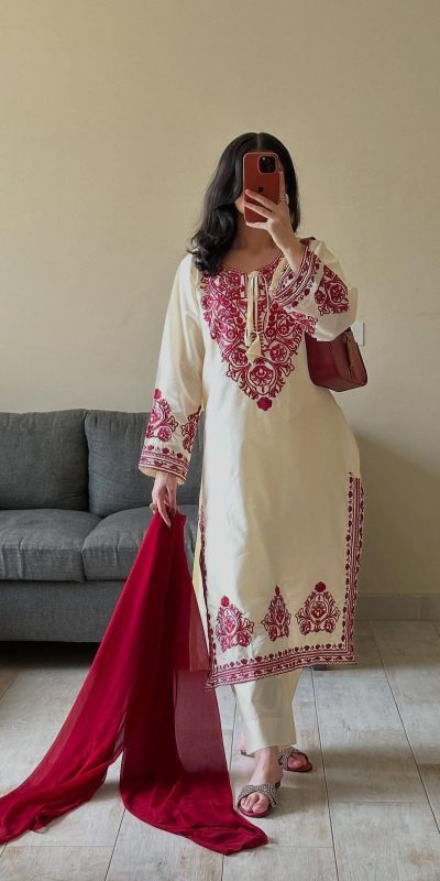 BE 386 Off White Color Roman Silk Embroidery WorkΒ Salwar Suit Casual, Wedding, Festive, Events . Expected DeliveryΒ 4-6 Working Days @1899/- onlyΒ Β Β | Jump Suits, Salwar suit, Casual Suits, Creative suits, Designer Suits, Palazzo Suits, Party Wear Suits, Patiala Suits, Straight Suits