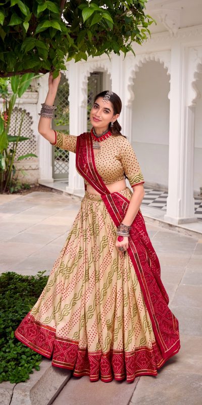 LNB 1250 Off White Color Tasar Silk Bandhej Print With Gotta Patti Lace Lehenga Choli Festive Party Wedding, Events etc. Delivery 4-6 Working Days @2149/- | Lehenga, Bollywood Lehenga, Creative Lehenga, Designer Lehenga, Embroidered Lehenga, Party Wear Lehenga