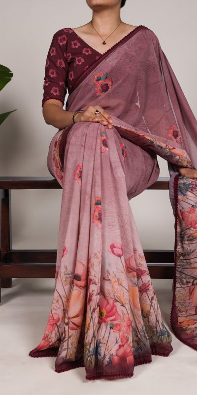 YNF 7009 Onion Color Georgette Floral Print With Lace Border Saree Casual, Wedding, Festive, Events . Expected Delivery 4-6 Working Days @1299/- only | Sarees, Bollywood Sarees, Creative Sarees, Designer Sarees, Embroidered Sarees, Ethnic Saree, Modern Digital sarees, Party Wear Sarees