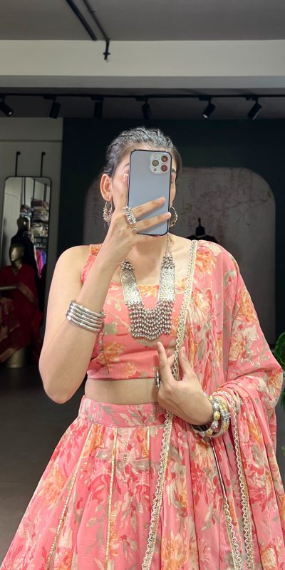 LNB 1672 Peach Color Chiffon Floral Print Foil Print Embossed Design Lehenga Choli Wedding, Party, Festive, Events Etc. Delivery 4-6 Working Days Rs 3499 | Lehenga, Bollywood Lehenga, Creative Lehenga, Designer Lehenga, Embroidered Lehenga, Party Wear Lehenga