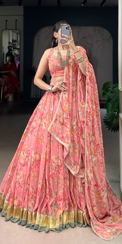 LNB 1672 Peach Color Chiffon Floral Print Foil Print Embossed Design Lehenga Choli Wedding, Party, Festive, Events Etc. Delivery 4-6 Working Days Rs 3499 | Lehenga, Bollywood Lehenga, Creative Lehenga, Designer Lehenga, Embroidered Lehenga, Party Wear Lehenga