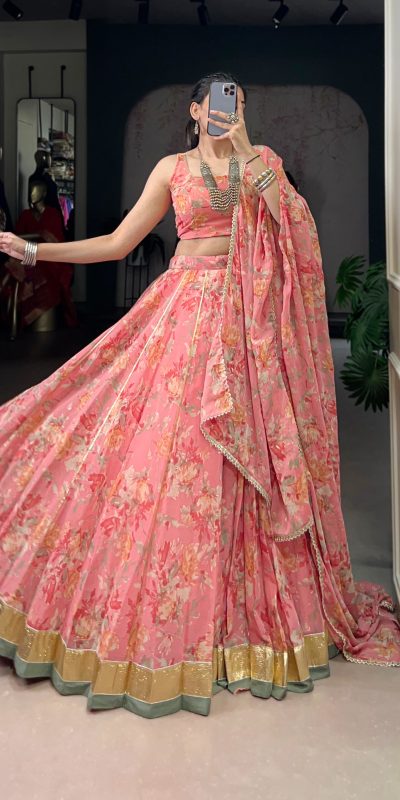 LNB 1672 Peach Color Chiffon Floral Print Foil Print Embossed Design Lehenga Choli Wedding, Party, Festive, Events Etc. Delivery 4-6 Working Days Rs 3499 | Lehenga, Bollywood Lehenga, Creative Lehenga, Designer Lehenga, Embroidered Lehenga, Party Wear Lehenga
