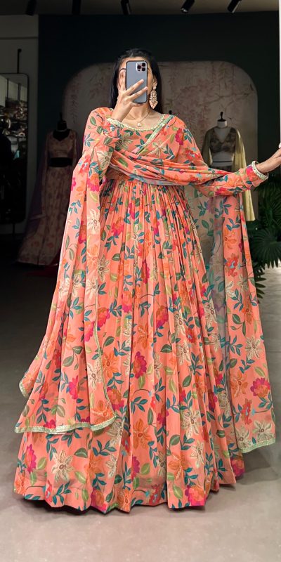 YNF 5010 Peach Color Georgette Floral Print With Lace Touch Up Gown Casual, Wedding, Festive, Events . Expected Delivery  4-6 Working Days @1849/- only      | Gowns, Bollywood Gowns, Creative Gowns, Designer Gowns, Embroidered Gowns, Party Wear Gowns