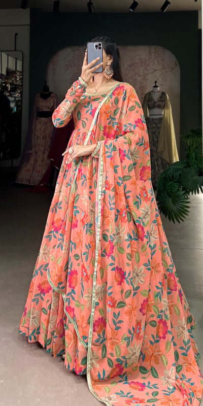 YNF 5010 Peach Color Georgette Floral Print With Lace Touch Up Gown Casual, Wedding, Festive, Events . Expected Delivery  4-6 Working Days @1849/- only      | Gowns, Bollywood Gowns, Creative Gowns, Designer Gowns, Embroidered Gowns, Party Wear Gowns