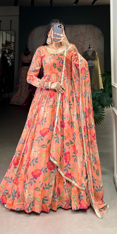 YNF 5010 Peach Color Georgette Floral Print With Lace Touch Up Gown Casual, Wedding, Festive, Events . Expected Delivery 4-6 Working Days @1849/- only | Gowns, Bollywood Gowns, Creative Gowns, Designer Gowns, Embroidered Gowns, Party Wear Gowns