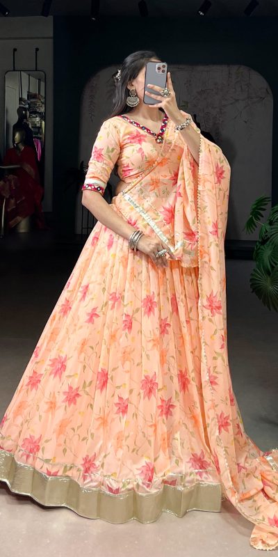 LNB 1716 Peach Color Tabby Silk Floral Print Embossed Design Lace Lehenga Choli Wedding, Party, Festive, Events Etc. Delivery 4-6 Working Days Rs 2499 | Lehenga, Bollywood Lehenga, Creative Lehenga, Designer Lehenga, Embroidered Lehenga, Party Wear Lehenga