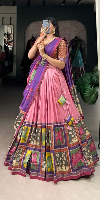 LNB 1235 Peach Color Tasar Silk Kalamkari With Foil Work Lehenga Choli Wedding, Party, Festive, Events Etc. Delivery 4-6 Working Days Rs 2499 | Lehenga, Bollywood Lehenga, Creative Lehenga, Designer Lehenga, Embroidered Lehenga, Party Wear Lehenga