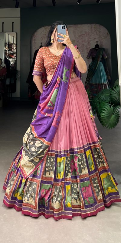 LNB 1235 Peach Color Tasar Silk Kalamkari With Foil Work Lehenga Choli Wedding, Party, Festive, Events Etc. Delivery 4-6 Working Days Rs 2499 | Lehenga, Bollywood Lehenga, Creative Lehenga, Designer Lehenga, Embroidered Lehenga, Party Wear Lehenga