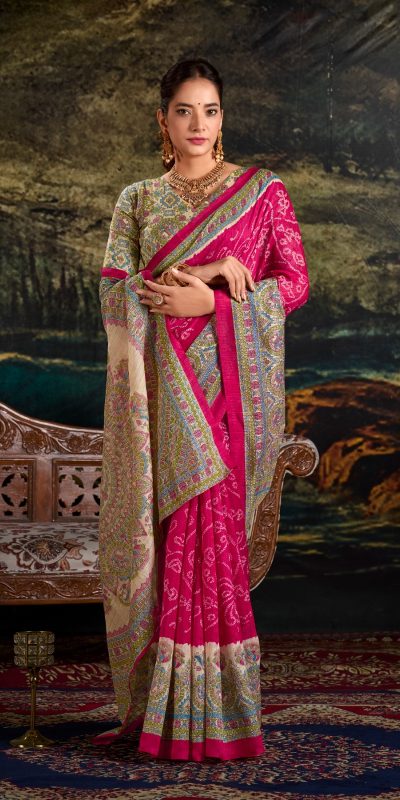 YNF 7209 Pink Color Green Silk Fusion Print Madhubani Bandhej Saree Casual, Wedding, Festive, Events . Expected Delivery 4-6 Working Days @1499/- only | Sarees, Bollywood Sarees, Creative Sarees, Designer Sarees, Embroidered Sarees, Ethnic Saree, Modern Digital sarees, Party Wear Sarees