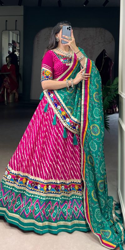 LNB 1741 Pink Color Tasar Silk Leheriya Patola Print Mirror Gamthi Work Lehenga Choli Wedding, Party, Festive, Events Etc. Delivery 4-6 Working Days Rs 2999 | Lehenga, Bollywood Lehenga, Creative Lehenga, Designer Lehenga, Embroidered Lehenga, Party Wear Lehenga