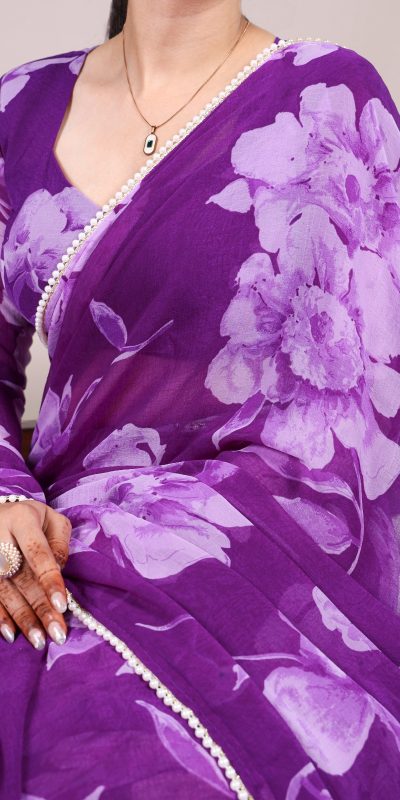 YNF 7011 Purple Color Chiffon Foral Printed Pearl Lace Border Saree Casual, Wedding, Festive, Events . Expected Delivery  4-6 Working Days @1499/- only                                                                                | Sarees, Bollywood Sarees, Creative Sarees, Designer Sarees, Embroidered Sarees, Ethnic Saree, Modern Digital sarees, Party Wear Sarees