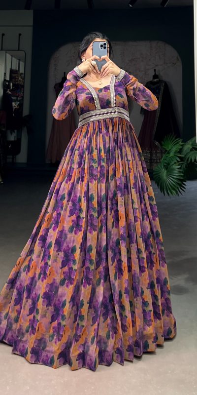 YNF 5019 Purple Color Georgette Floral print with Lace Border Gown Casual, Wedding, Festive, Events . Expected Delivery 4-6 Working Days @1799/- only | Gowns, Bollywood Gowns, Creative Gowns, Designer Gowns, Embroidered Gowns, Party Wear Gowns