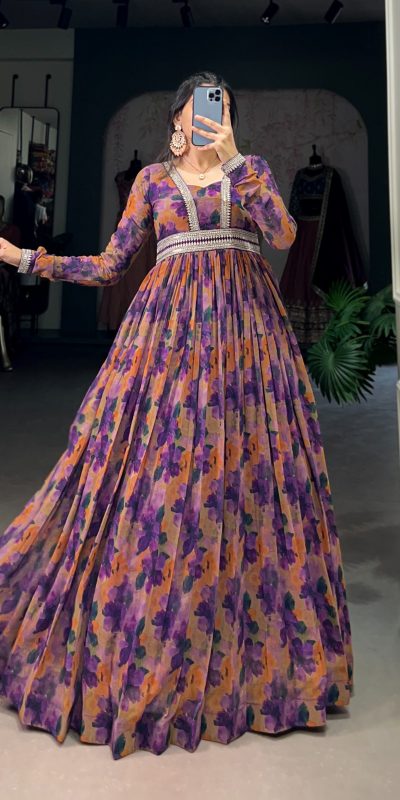YNF 5019 Purple Color Georgette Floral print with Lace Border Gown Casual, Wedding, Festive, Events . Expected Delivery 4-6 Working Days @1799/- only | Gowns, Bollywood Gowns, Creative Gowns, Designer Gowns, Embroidered Gowns, Party Wear Gowns