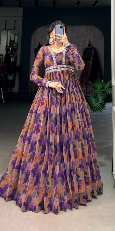 YNF 5019 Purple Color Georgette Floral print with Lace Border Gown Casual, Wedding, Festive, Events . Expected Delivery 4-6 Working Days @1799/- only | Gowns, Bollywood Gowns, Creative Gowns, Designer Gowns, Embroidered Gowns, Party Wear Gowns