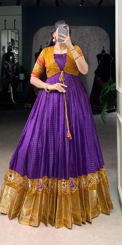 YNF 5028 Purple Color Tasar Chex Patola With Weaving Work Border Gown Casual, Wedding, Festive, Events . Expected Delivery 4-6 Working Days @1799/- only | Gowns, Bollywood Gowns, Creative Gowns, Designer Gowns, Embroidered Gowns, Party Wear Gowns