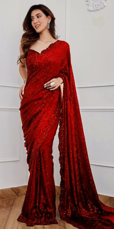 DF 3312 Red Color Faux Georgette 5mm Sequence Embroidery Work Saree Casual, Wedding, Festive, Events . Expected Delivery  4-6 Working Days @1899/- only                                                 | Sarees, Bollywood Sarees, Creative Sarees, Designer Sarees, Embroidered Sarees, Ethnic Saree, Modern Digital sarees, Party Wear Sarees
