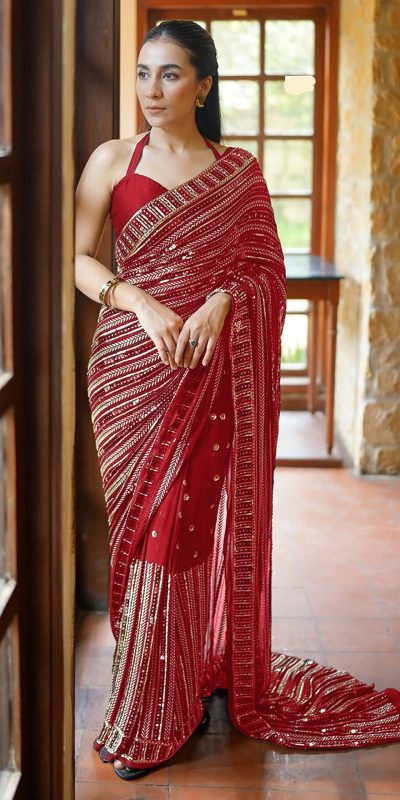 DF 3451 Red Color Faux Georgette 5mm Sequence Embroidery Work Saree Casual, Wedding, Festive, Events . Expected Delivery  4-6 Working Days @1799/- only                                                 | Sarees, Bollywood Sarees, Creative Sarees, Designer Sarees, Embroidered Sarees, Ethnic Saree, Modern Digital sarees, Party Wear Sarees
