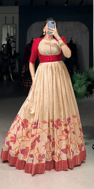 YNF 5027 Red Color Green Silk Printed Gown Casual, Wedding, Festive, Events . Expected Delivery 4-6 Working Days @1799/- only | Gowns, Bollywood Gowns, Creative Gowns, Designer Gowns, Embroidered Gowns, Party Wear Gowns
