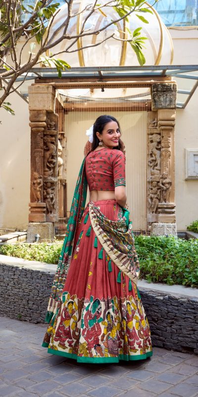 LNB 1236 Red Color Tasar Silk Kalamkari Print With Foil Work Lehenga Choli Wedding, Party, Festive, Events Etc. Delivery 4-6 Working Days Rs 2449 | Lehenga, Bollywood Lehenga, Creative Lehenga, Designer Lehenga, Embroidered Lehenga, Party Wear Lehenga