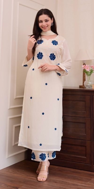 BE 382 White Color Roman Silk Embroidery Work Salwar Suit Casual, Wedding, Festive, Events . Expected Delivery 4-6 Working Days @1949/- only | Jump Suits, Tops & Bottoms, Track Suits, Salwar suit, Casual Suits, Creative suits, Designer Suits, Palazzo Suits, Party Wear Suits, Patiala Suits, Straight Suits, Trendy Wear