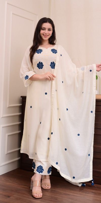BE 382 White Color Roman Silk Embroidery WorkΒ Salwar Suit Casual, Wedding, Festive, Events . Expected DeliveryΒ 4-6 Working Days @1949/- onlyΒ Β Β | Jump Suits, Tops & Bottoms, Track Suits, Salwar suit, Casual Suits, Creative suits, Designer Suits, Palazzo Suits, Party Wear Suits, Patiala Suits, Straight Suits, Trendy Wear
