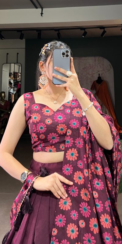 LNB 1232 Wine Color Tasar Silk Floral Print With Foil Work Lehenga Choli Wedding, Party, Festive, Events Etc. Delivery 4-6 Working Days Rs 2149 | Lehenga, Bollywood Lehenga, Creative Lehenga, Designer Lehenga, Embroidered Lehenga, Party Wear Lehenga