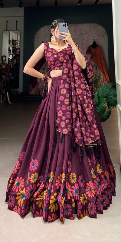 LNB 1232 Wine Color Tasar Silk Floral Print With Foil Work Lehenga Choli Wedding, Party, Festive, Events Etc. Delivery 4-6 Working Days Rs 2149 | Lehenga, Bollywood Lehenga, Creative Lehenga, Designer Lehenga, Embroidered Lehenga, Party Wear Lehenga