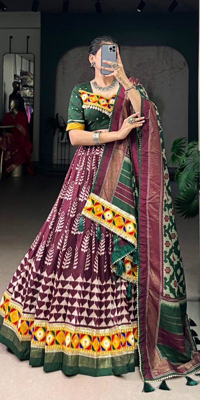 LNB 1732 Wine Color Tasar Silk Print Foil Work Real Mirror Gamthi Work Lehenga Choli Wedding, Party, Festive, Events Etc. Delivery 4-6 Working Days Rs 2999 | Lehenga, Bollywood Lehenga, Creative Lehenga, Designer Lehenga, Embroidered Lehenga, Party Wear Lehenga