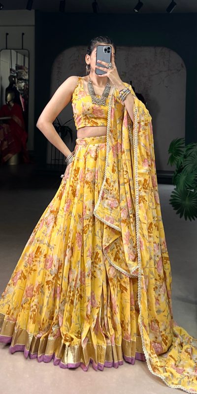 LNB 1672 Yellow Color Chiffon Floral Print Foil Print Embossed Design Lehenga Choli Wedding, Party, Festive, Events Etc. Delivery 4-6 Working Days Rs 3499 | Lehenga, Bollywood Lehenga, Creative Lehenga, Designer Lehenga, Embroidered Lehenga, Party Wear Lehenga