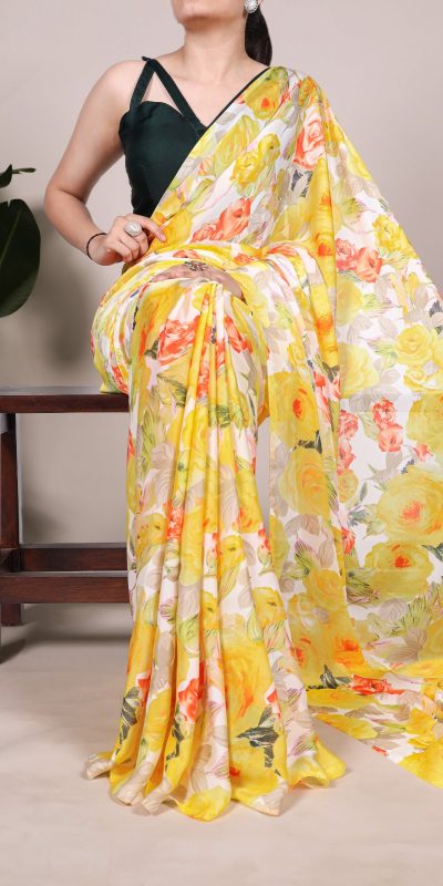 YNF 7017 Yellow Color Dull Satin Floral Printed Saree Casual, Wedding, Festive, Events . Expected Delivery 4-6 Working Days @1499/- only | Sarees, Bollywood Sarees, Creative Sarees, Designer Sarees, Embroidered Sarees, Ethnic Saree, Modern Digital sarees, Party Wear Sarees