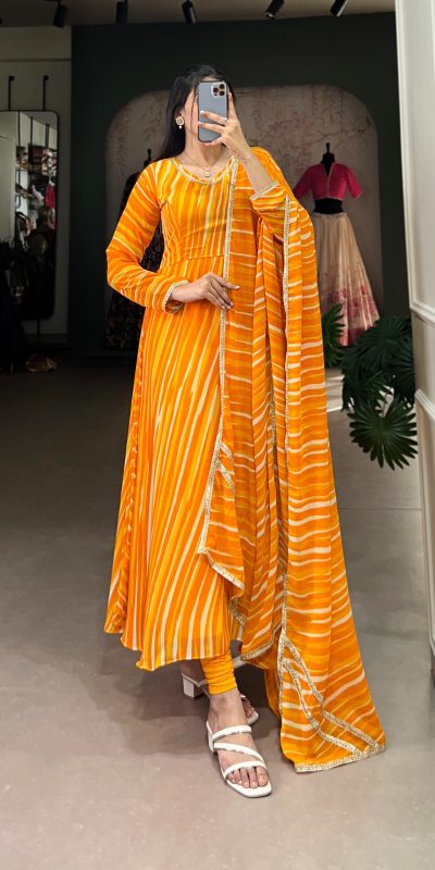 YNF 5026 Yellow Color Georgette Leheriya Georgette Lace Touch Up Gown Casual, Wedding, Festive, Events . Expected Delivery 4-6 Working Days @1649/- only | Gowns, Bollywood Gowns, Creative Gowns, Designer Gowns, Embroidered Gowns, Party Wear Gowns