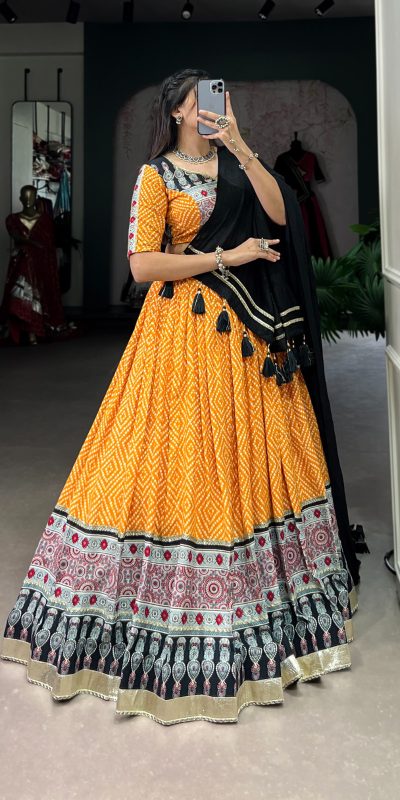 LNB 1712 Yellow Color Rayon Bandhej Ajarakh Print Embossed Gota Lace Lehenga Choli Wedding, Party, Festive, Events Etc. Delivery 4-6 Working Days Rs 1999 | Lehenga, Bollywood Lehenga, Creative Lehenga, Designer Lehenga, Embroidered Lehenga, Party Wear Lehenga