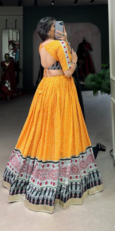 LNB 1712 Yellow Color Rayon Bandhej Ajarakh Print Embossed Gota Lace Lehenga Choli Wedding, Party, Festive, Events Etc. Delivery 4-6 Working Days Rs 1999 | Lehenga, Bollywood Lehenga, Creative Lehenga, Designer Lehenga, Embroidered Lehenga, Party Wear Lehenga