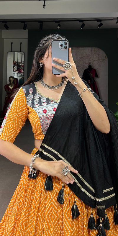 LNB 1712 Yellow Color Rayon Bandhej Ajarakh Print Embossed Gota Lace Lehenga Choli Wedding, Party, Festive, Events Etc. Delivery 4-6 Working Days Rs 1999 | Lehenga, Bollywood Lehenga, Creative Lehenga, Designer Lehenga, Embroidered Lehenga, Party Wear Lehenga