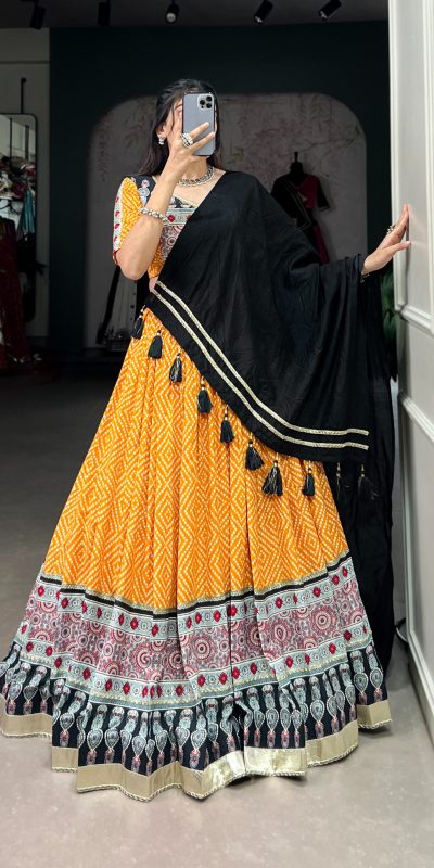 LNB 1712 Yellow Color Rayon Bandhej Ajarakh Print Embossed Gota Lace Lehenga Choli Wedding, Party, Festive, Events Etc. Delivery 4-6 Working Days Rs 1999 | Lehenga, Bollywood Lehenga, Creative Lehenga, Designer Lehenga, Embroidered Lehenga, Party Wear Lehenga