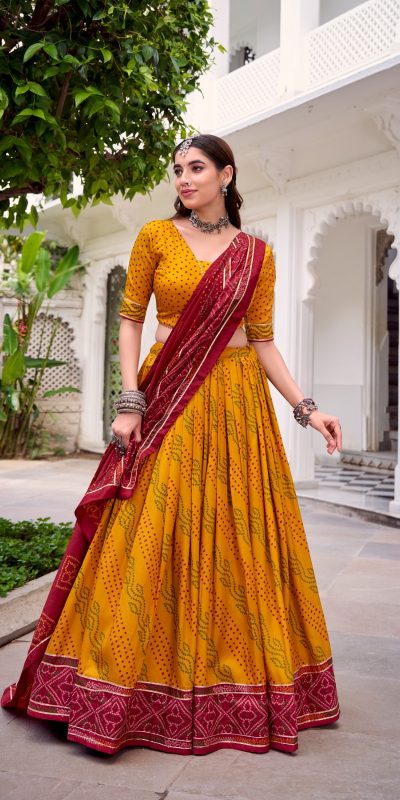 LNB 1250 Yellow Color Tasar Silk Bandhej Print With Gotta Patti Lace Lehenga Choli Festive Party Wedding, Events etc. Delivery 4-6 Working Days @2149/- | Lehenga, Bollywood Lehenga, Creative Lehenga, Designer Lehenga, Embroidered Lehenga, Party Wear Lehenga