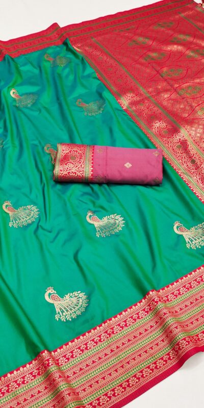 Firozi Soft Silk Zari Lace Work Saree