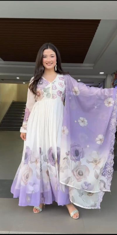 SR 1686 Lavender Faux Georgette With Embroidery Sequence Work With Fully Flair Gown Perfect for Wedding, Party, 4-6 Working Days At 2049 Only | Gowns, Bollywood Gowns, Creative Gowns, Designer Gowns, Embroidered Gowns, Party Wear Gowns