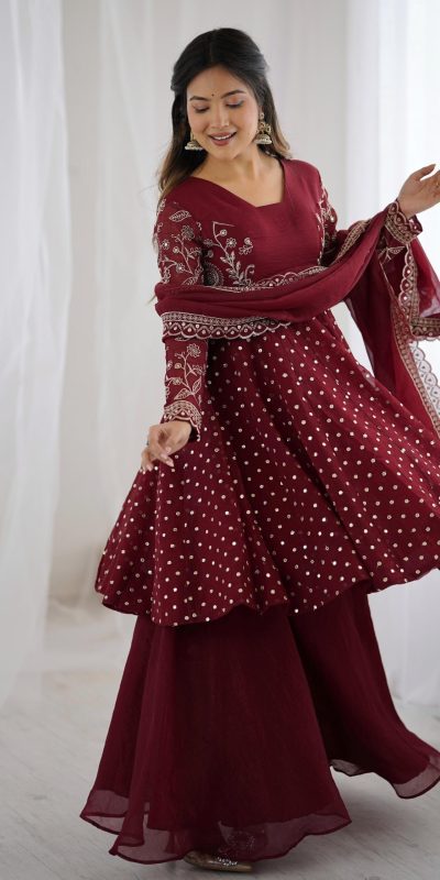 ZSR 3134 Maroon Maroon Crunchy Silk Salwar Suit Perfect for Wedding, Party, Sangeet, Anniversary, Housewarming Introductory Price ₹2399. Delivery 4-6 | Jump Suits, Salwar suit, Casual Suits, Creative suits, Designer Suits, Palazzo Suits, Party Wear Suits, Patiala Suits, Straight Suits