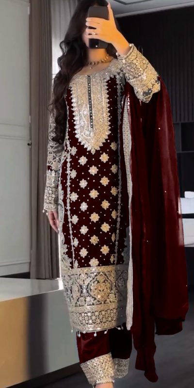 SR 1654 Maroon in Faux Georgette With Heavy Embroidery Sequence Work Wedding, Party, Festive, Events Special 4-6 Working Days At 2599/- Only | Jump Suits, Salwar suit, Casual Suits, Creative suits, Designer Suits, Palazzo Suits, Party Wear Suits, Patiala Suits, Straight Suits