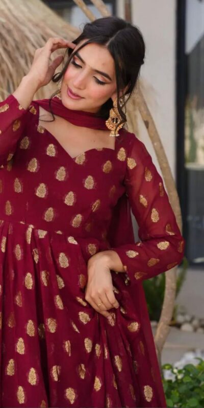 VLM 299 Maroon Faux Georgette With Embroidery Work Gown Perfect for Wedding, Party, Ethnic Day, Housewarming, Cultural Events At 2099/-Only | Gowns, Bollywood Gowns, Creative Gowns, Designer Gowns, Embroidered Gowns, Party Wear Gowns