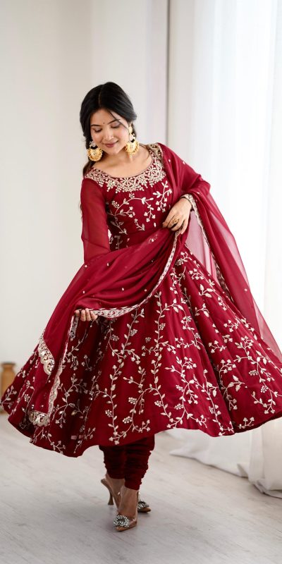 SRK 5299 Maroon Faux Georgette With Sequence Work Perfect for Wedding, Party, Temple Visit, Ganesh Chaturthi Festive, Events, 4-6 Working Days At 2149 | Gowns, Bollywood Gowns, Creative Gowns, Designer Gowns, Embroidered Gowns, Party Wear Gowns
