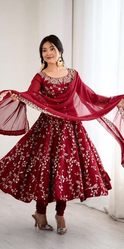 SRK 5299 Maroon Faux Georgette With Sequence Work Perfect for Wedding, Party, Temple Visit, Ganesh Chaturthi Festive, Events, 4-6 Working Days At 2149 | Gowns, Bollywood Gowns, Creative Gowns, Designer Gowns, Embroidered Gowns, Party Wear Gowns